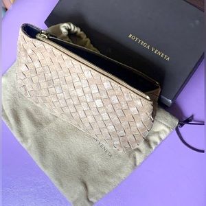 Authentic Bottega Veneta Golden Tan Woven Leather Pouch